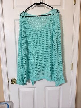 POL Open-Knit Off-the-Shoulder Sweater in Mint